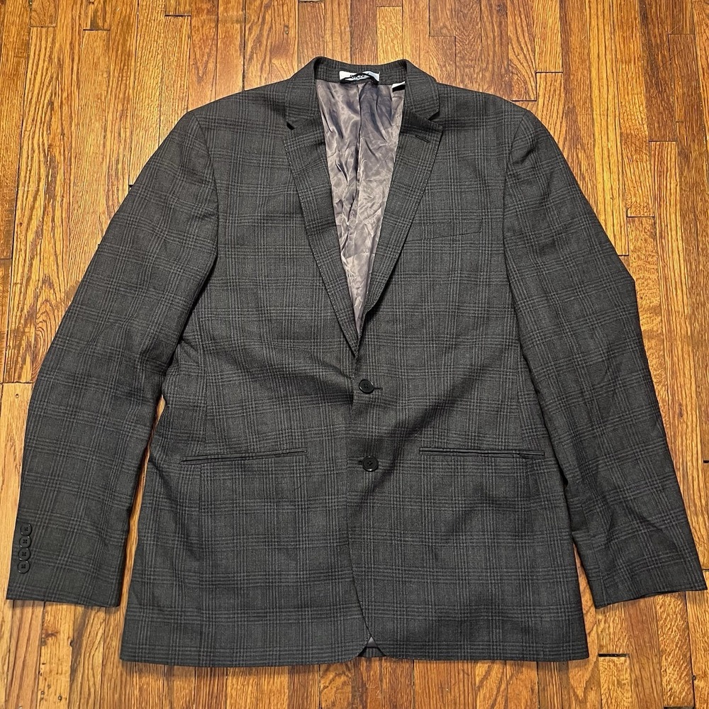 DKNY 100% Wool Gray Plaid Two Button Sport Coat Blazer Mens 42L